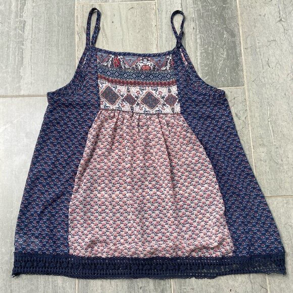 Knox Rose Floral Oversized Flowy Spaghetti Strap Blouse Navy Crochet Hem Small - Picture 5 of 10